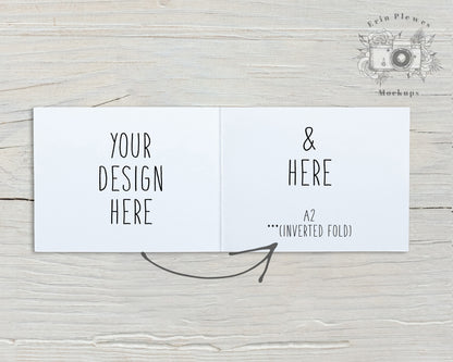White A2 Card Mockup Open With An Inverse Fold Sitting On Rustic White Wood Landscape Orientation vs2