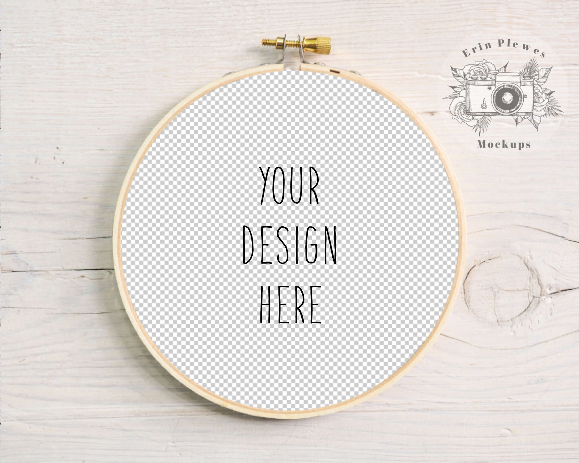 Embroidery hoop mockup on white rustic wood with transparent circle