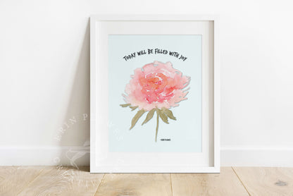 Erin Plewes Creative Art -Filled With Joy Peony Wall Art Inspirational Watercolor Framed and Matted Print 8x10