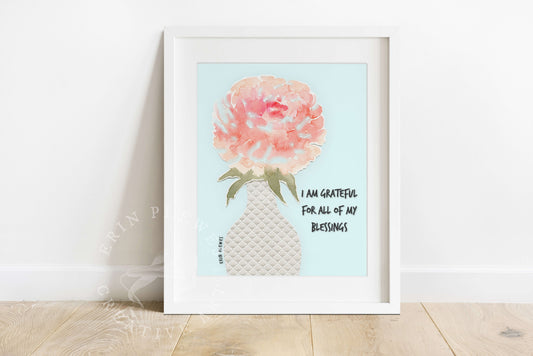 Erin Plewes Creative Art – I Am Grateful Peony Wall Art Inspirational Watercolor Framed and Matted Print 8x10