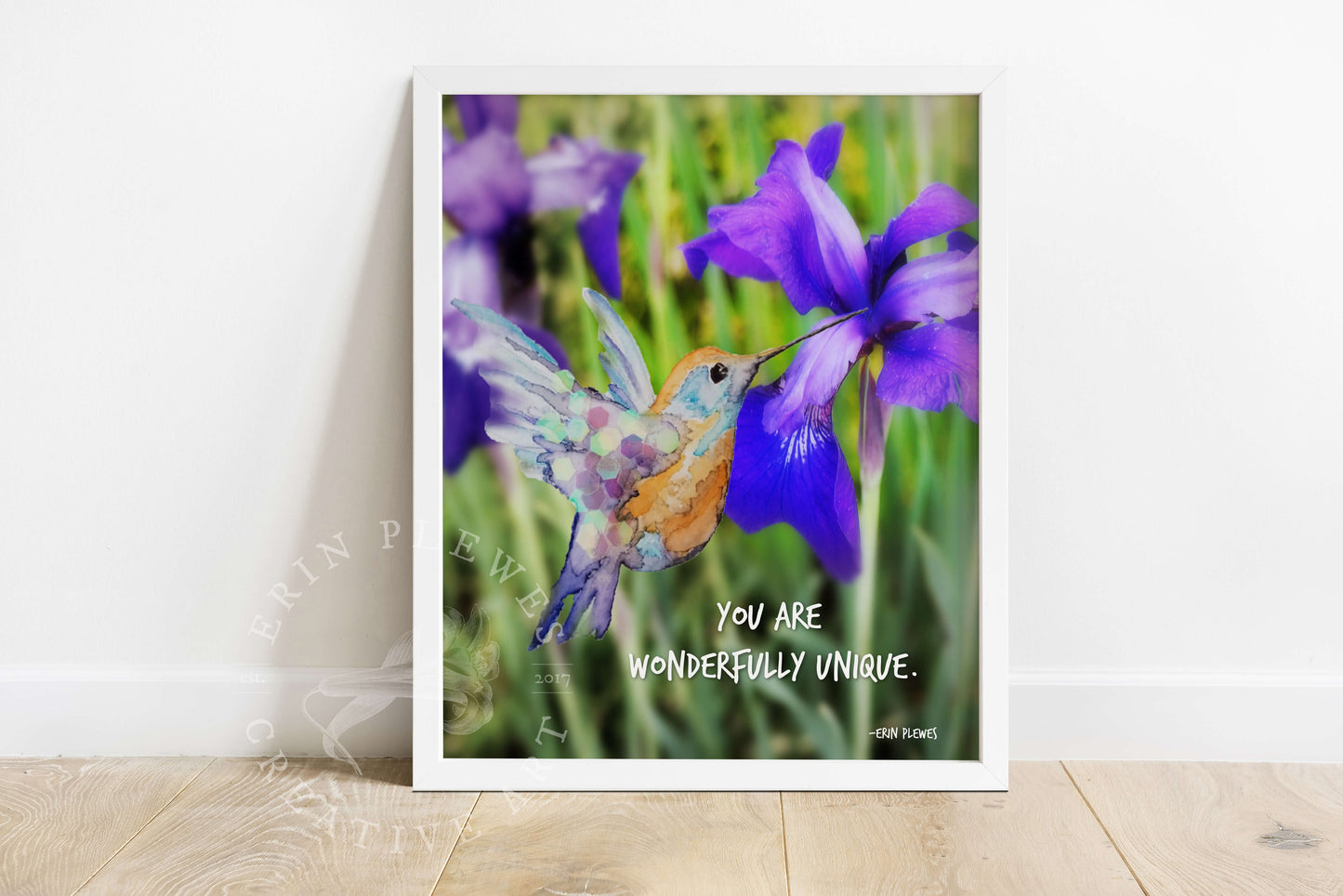 Erin Plewes Creative Art – Wonderfully Unique Iris Bird Wall Art Inspirational Watercolor Framed Print 8x10