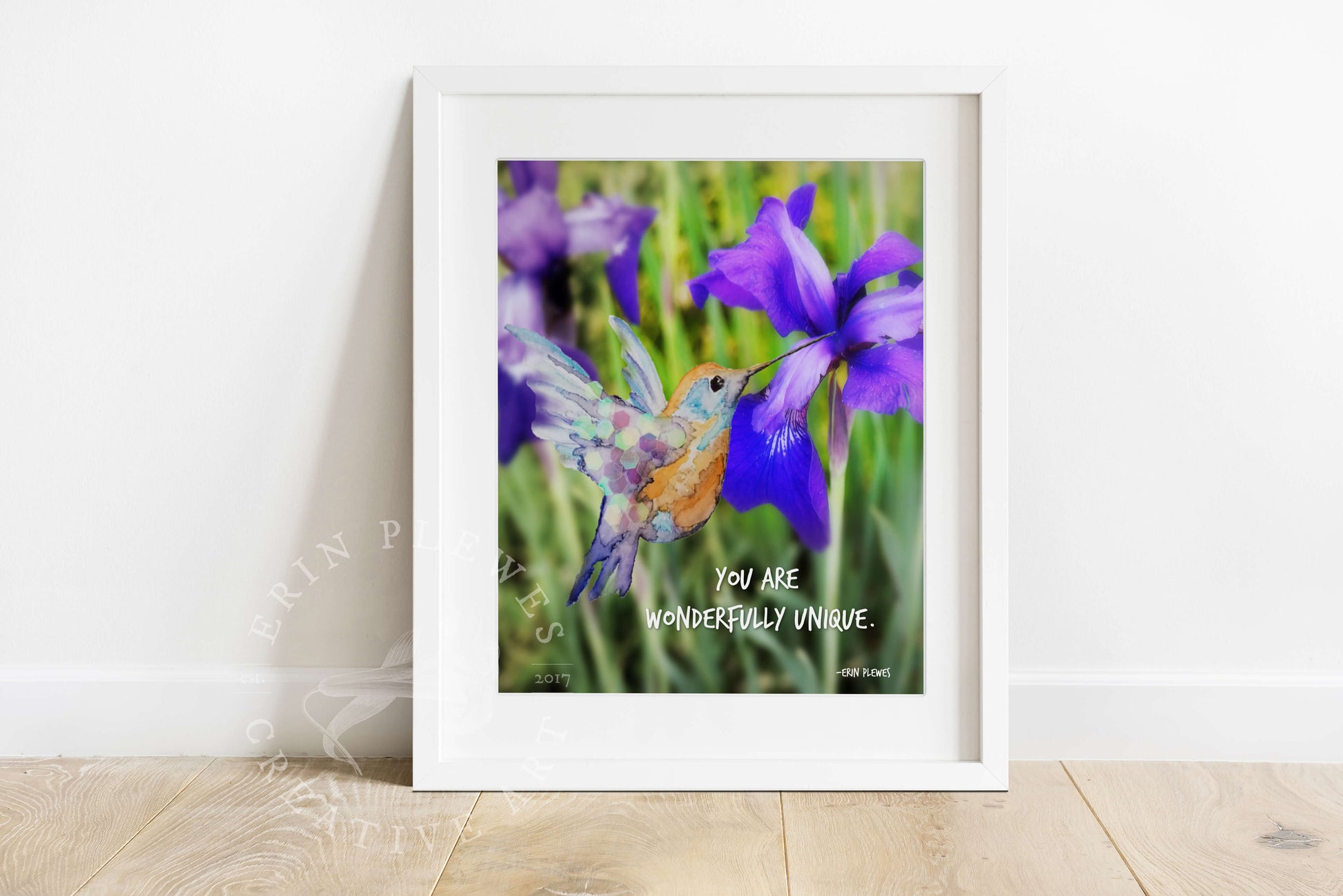 Erin Plewes Creative Art – Wonderfully Unique Iris Bird Wall Art Inspirational Watercolor Framed and Matted Print 8x10