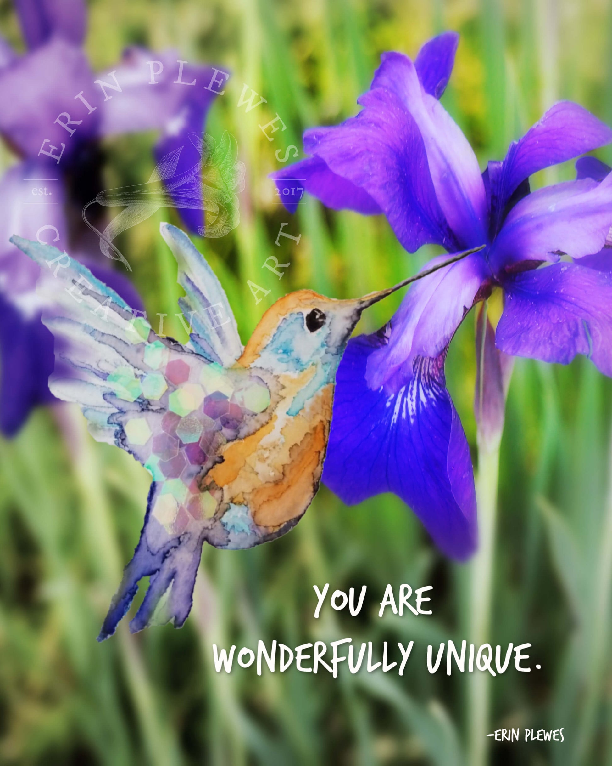 Erin Plewes Creative Art – Wonderfully Unique Iris Bird Wall Art Inspirational Watercolor Print 8x10