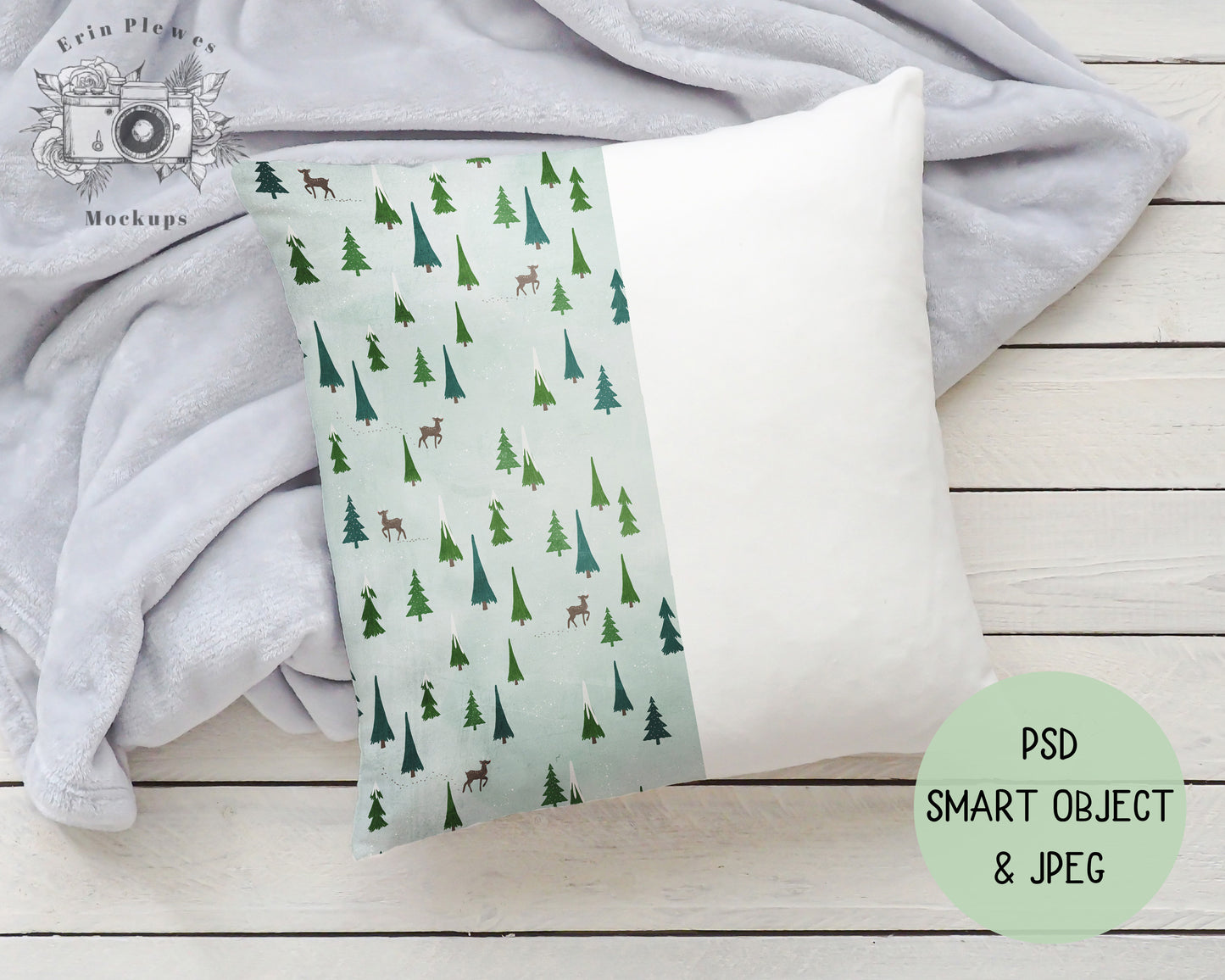 Square Pillow Mockup PSD Smart Object, Cushion Mock Up, Pillow Slipcover Mock-up with Gray Blanket, Instant Digital Download Jpeg