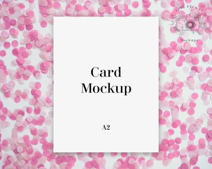 Erin Plewes Mockups Mockup Card Mockup A2, Invitation mock up for birthday party lifestyle stock photo, Pink confetti card mock-up template