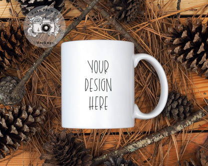Erin Plewes Mockups Coffee mug mockup, Christmas Mug Mock-up Flat Lay in Pine Cones, Fall Styled Mug Photo, Instant Digital Download Template