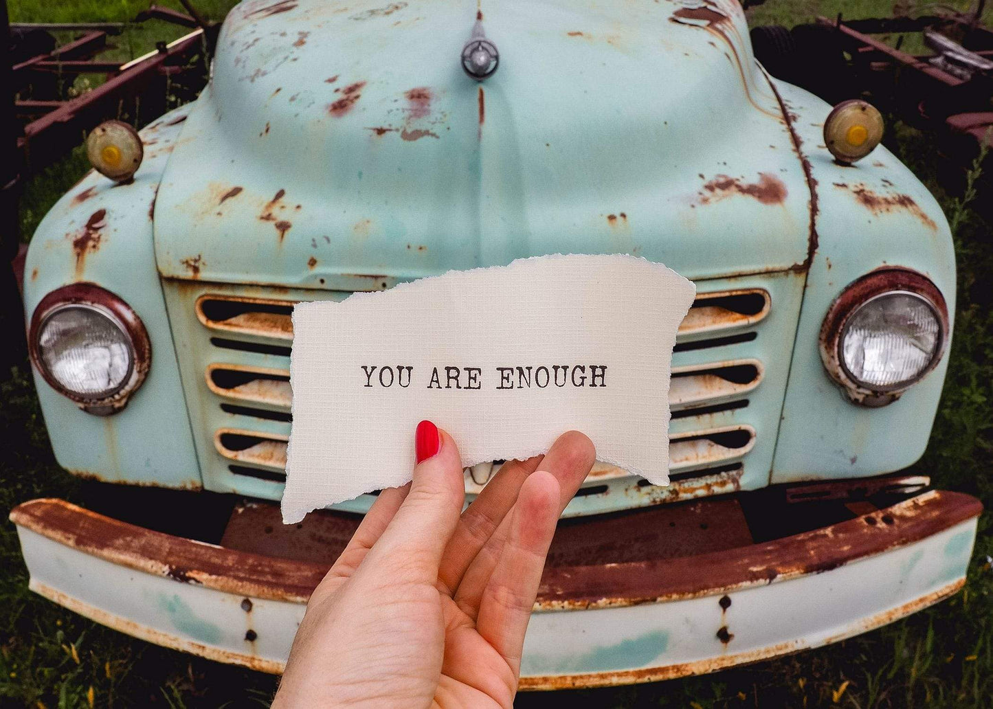 "You Are Enough" Blue Vintage Truck Inspirational Art | Laptop Sticker