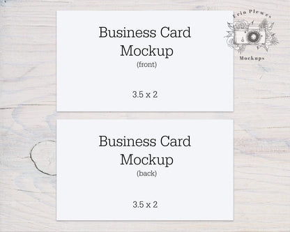 Erin Plewes Mockups 3.5 x 2 Business Card Mockup, 3.5"x2" card mockup front and back, Table card mock-up for rustic wedding, Jpeg Template Flat Lay