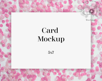 Erin Plewes Mockups 5x7 Card Mockup, A7 Invitation Mock Up for Birthday Party, Pink Confetti Flatlay Mock-up, Jpeg instant Digital Download