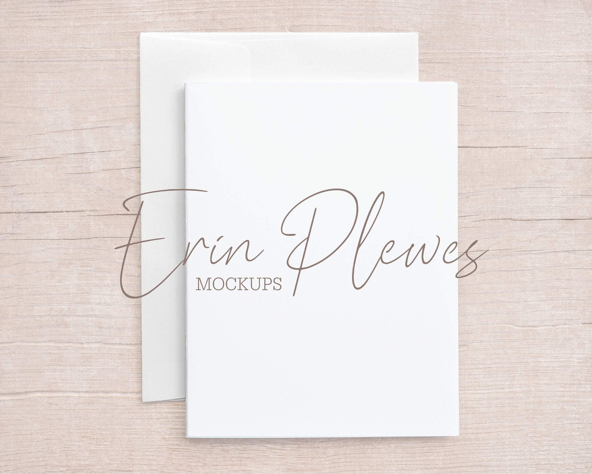 Erin Plewes Mockups A2 Card Mockup with White Envelope on Beige Wood, Thank You Card Mock Up, Invite Flat Lay for Rustic Wedding, Jpeg Instant Digital Download