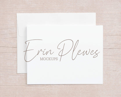 Erin Plewes Mockups A2 Greeting Card Mockup with White Envelope on Beige Wood, Thank You Card Mock Up for Rustic Wedding A-2, Jpeg Instant Digital Download