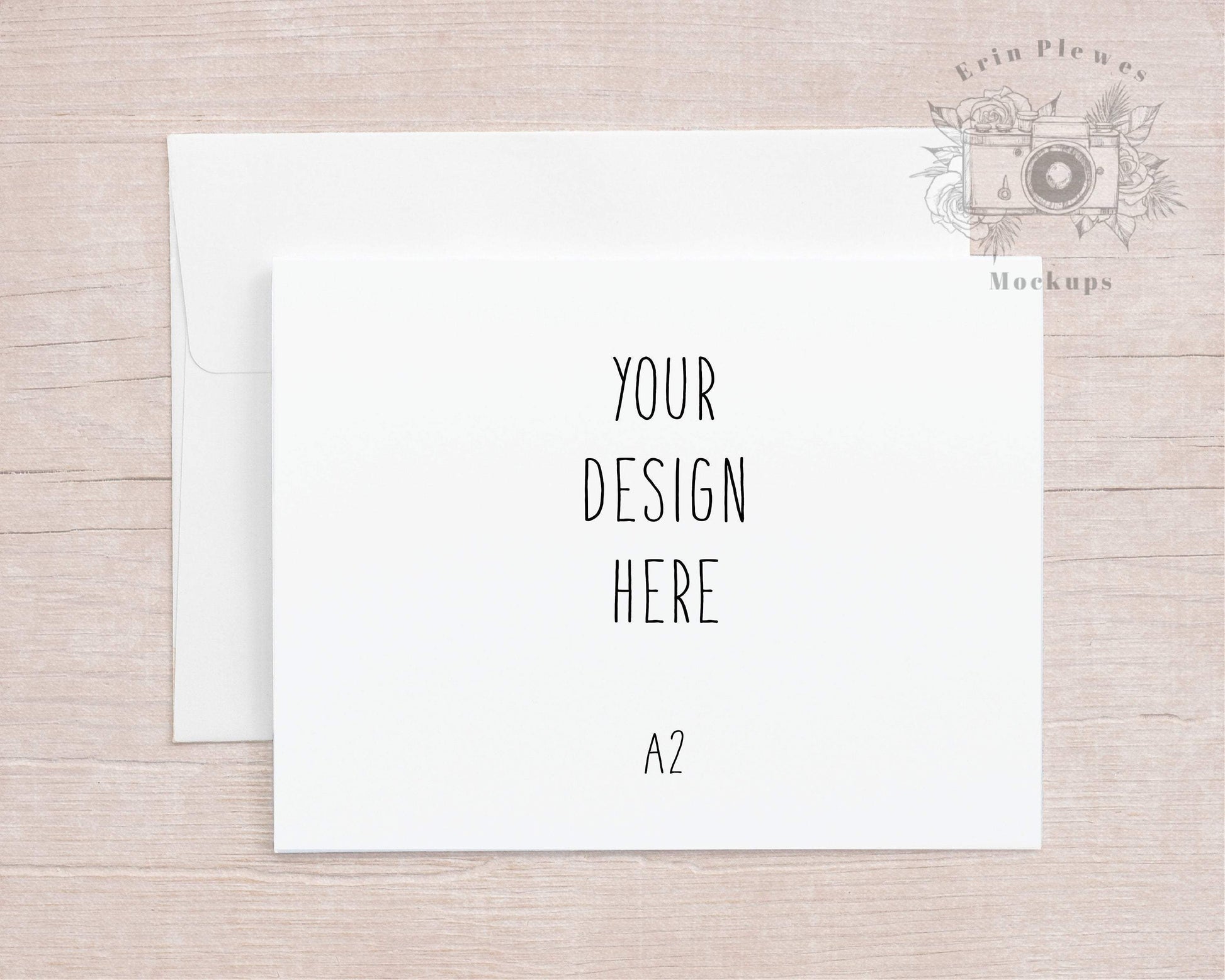 Erin Plewes Mockups A2 Greeting Card Mockup with White Envelope on Beige Wood, Thank You Card Mock Up for Rustic Wedding A-2, Jpeg Instant Digital Download