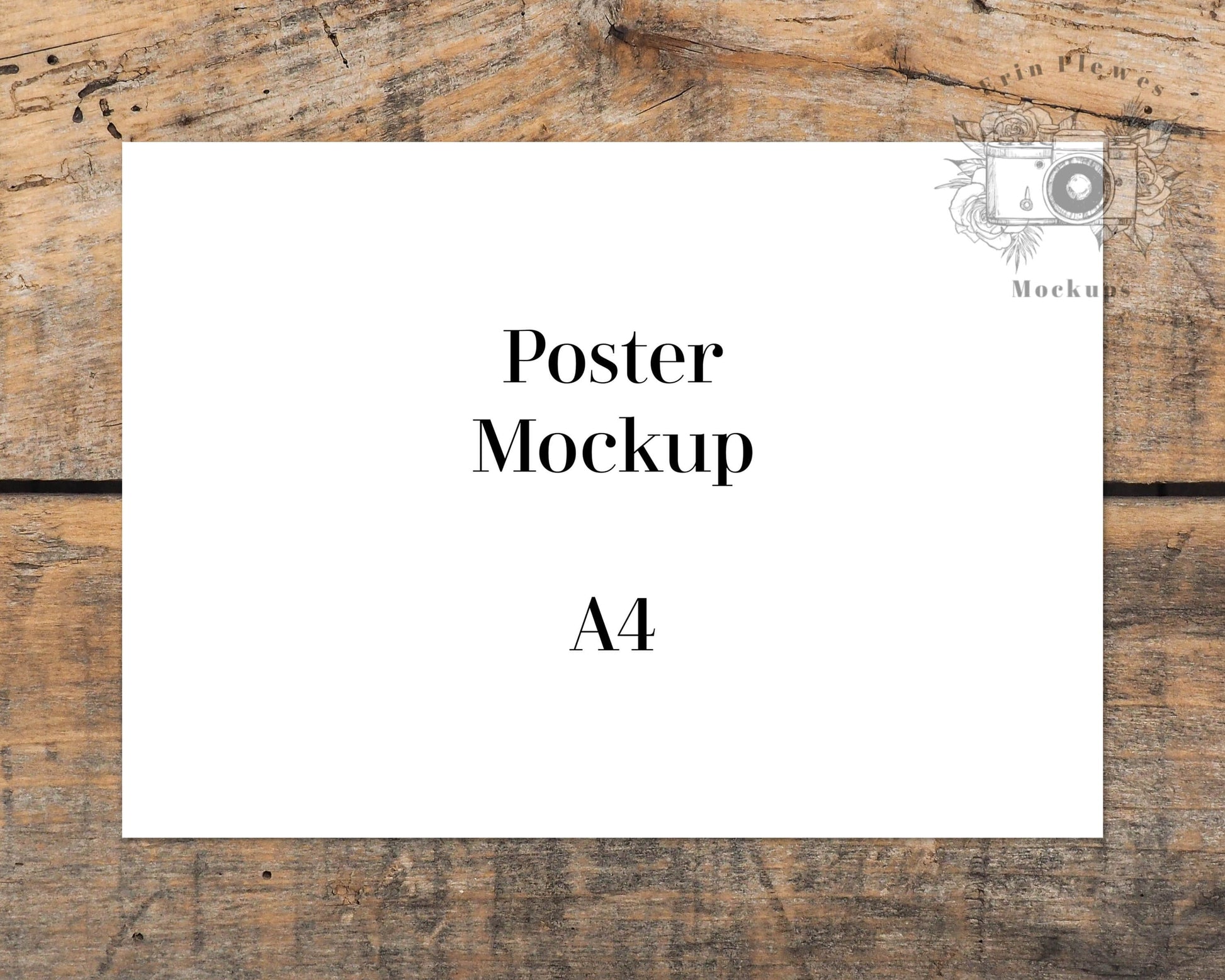 Erin Plewes Mockups A4 Print Mockup, Horizontal poster mockup on brown farmhouse rustic wood , Clean minimal mock up Jpeg Instant Digital Download