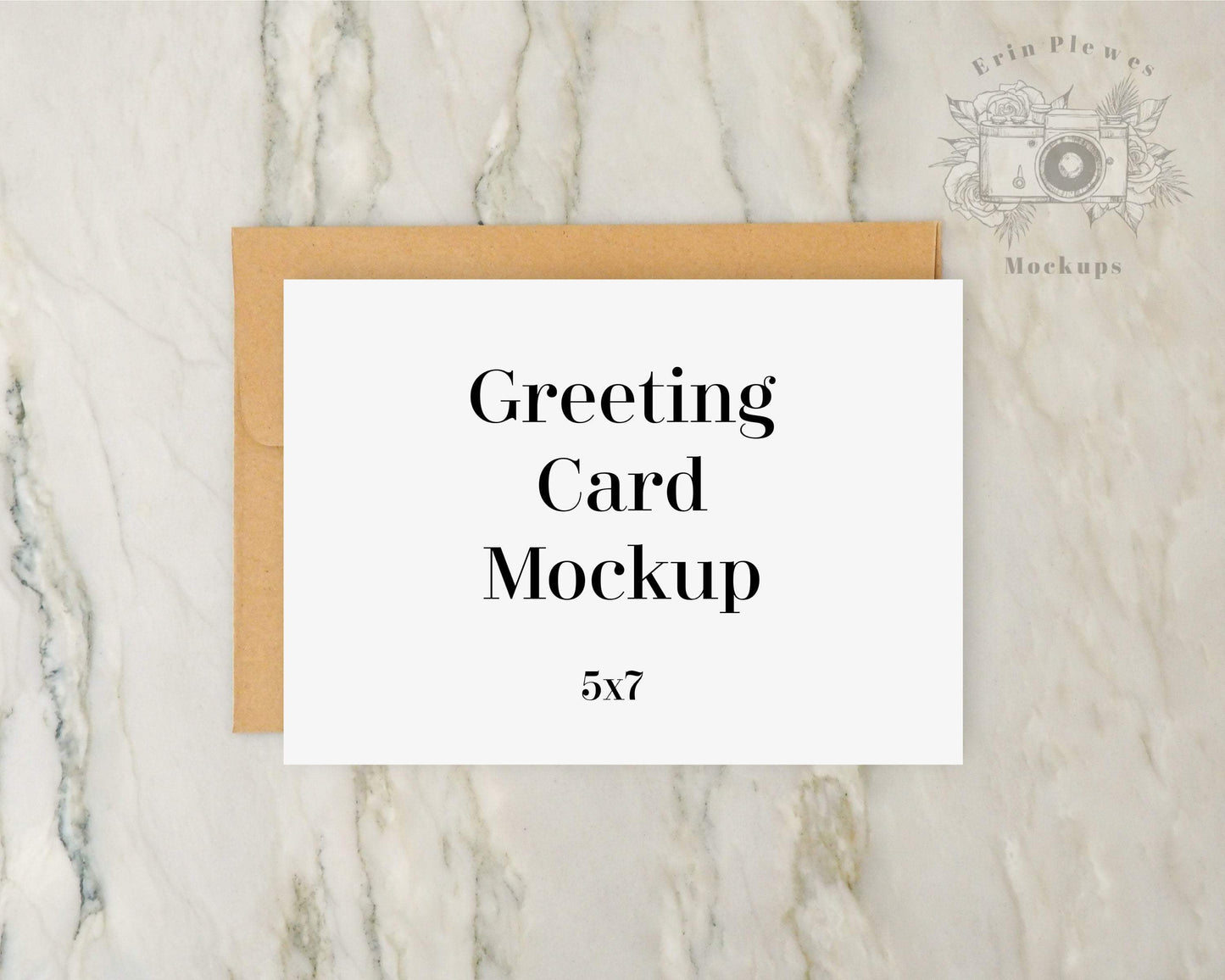 Erin Plewes Mockups A7 Card mockup with kraft envelope, Invitation mock up on marble for styled lifestyle flatlay, Jpeg Instant Digital Download Template