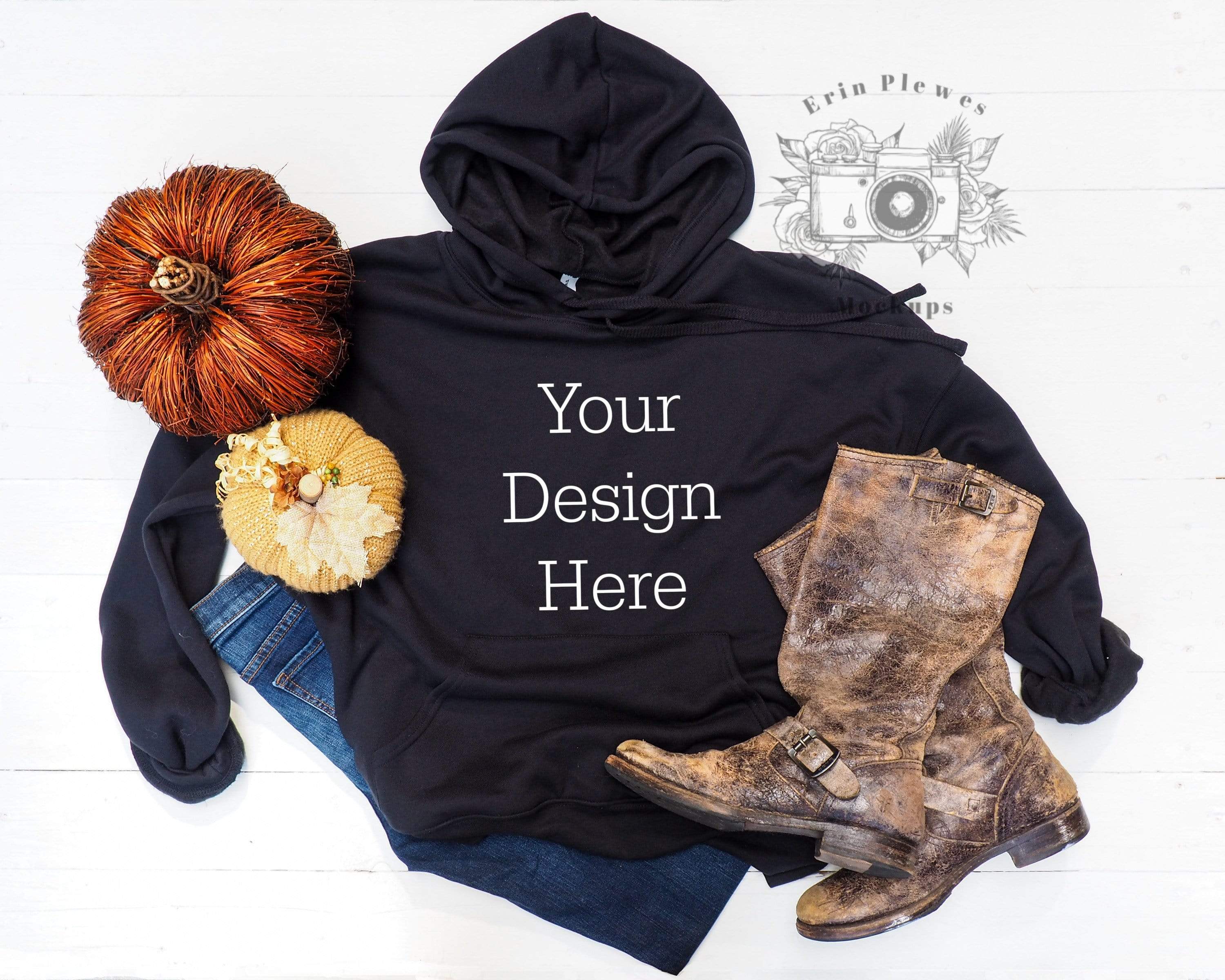 Bella Canvas Hoodie Mockup Styled with Rustic Boots and Fall Pumpkins