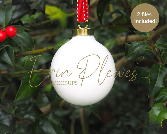 Erin Plewes Mockups Blank Christmas ornament mockup, white ball Xmas decor mock up to add your design template for lifestyle photography, JPG Digital Download