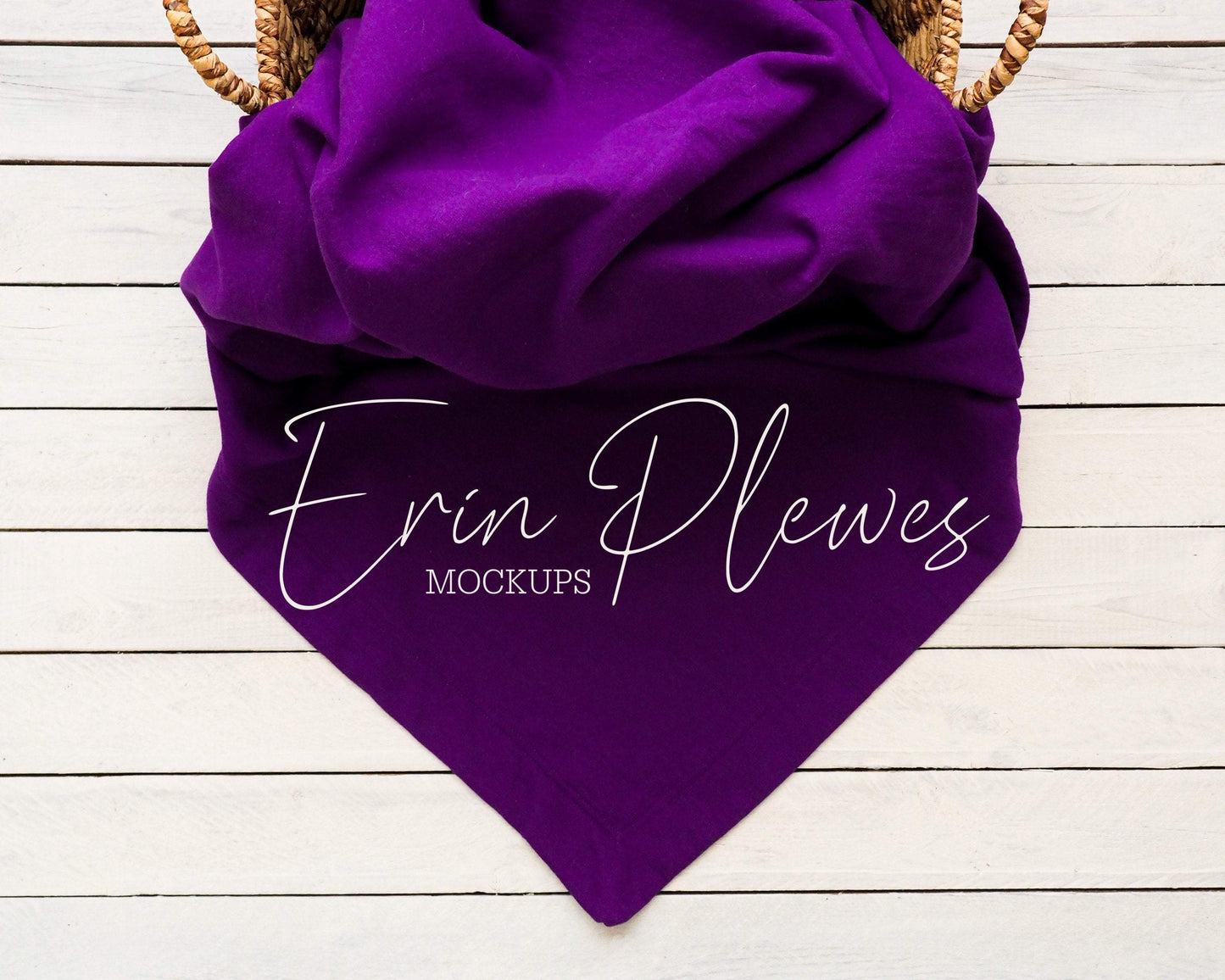 Erin Plewes Mockups Blanket Mock Up, Gildan Purple Blanket Mockup in a Basket, Sweatshirt Blanket Lifestyle Stock Photo, Flat Lay Template Jpeg