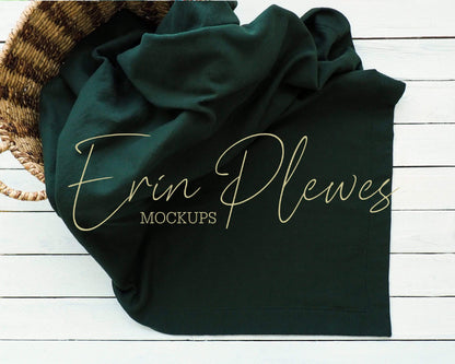 Erin Plewes Mockups Blanket Mock Up, Green Gildan Blanket Mockup with Basket, Fleece Blanket Mock-up, Styled Stock Photo Instant Digital Download