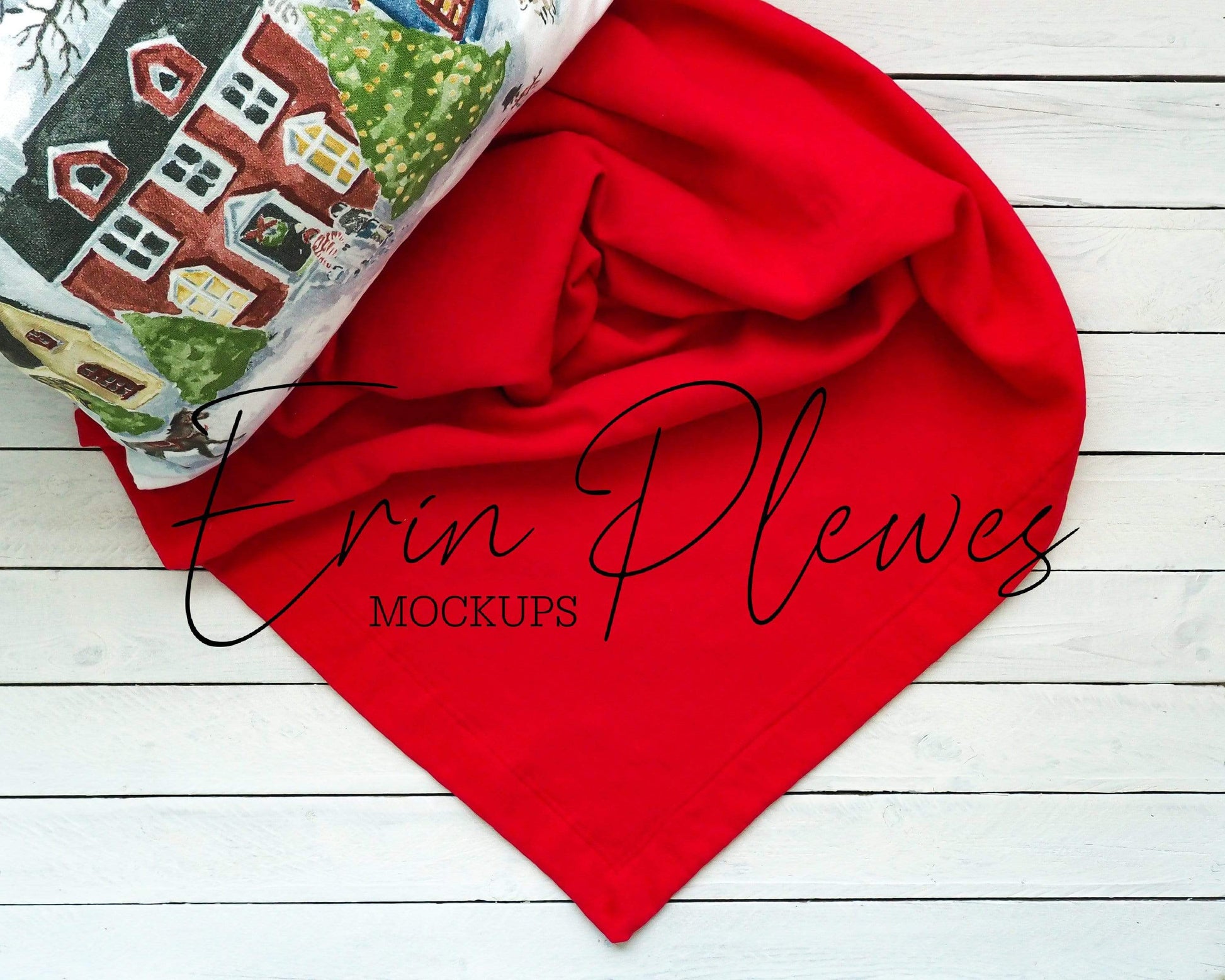 Erin Plewes Mockups Blanket Mock Up, Red Blanket Mockup with Christmas Pillow, Gildan Stadium Blanket Template, Red Blanket Flat Lay Jpeg