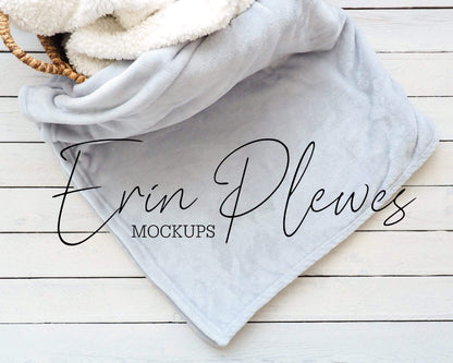 Erin Plewes Mockups Blanket Mock Up, Silver Fleece Blanket Mockup in a Basket for Lifestyle Stock Photo, Minky Blanket Mock Up, Instant Digital Download Jpeg