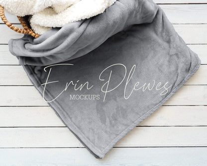 Erin Plewes Mockups Blanket Mockup, Charcoal Gray Minky Blanket Mockup in a Basket for Lifestyle Stock Photo, Fleece Blanket Mock Up, Instant Download Jpeg