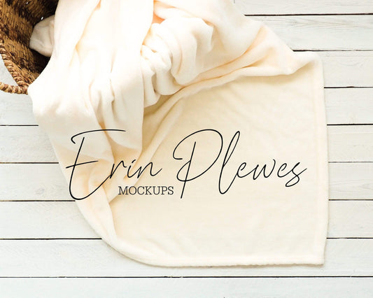 Erin Plewes Mockups Blanket Mockup Cream, Fleece Blanket Mock-Up in a Basket for Lifestyle Stock Photography, Minky Blanket Mockup