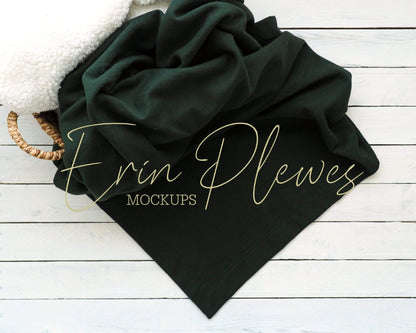 Erin Plewes Mockups Blanket Mockup Green, Gildan Forest Green Blanket Mock up with Basket, Throw Blanket Mock-up, Instant Digital Download Template