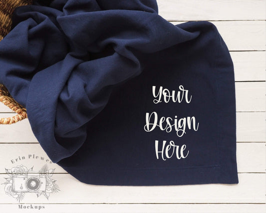 Erin Plewes Mockups Blanket Mockup Navy, Gildan Blanket Mockup, Fleece Blanket Flatlay, Stadium Blanket Mock Up Template