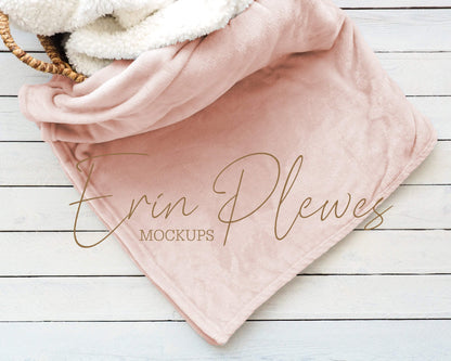 Erin Plewes Mockups Blanket Mockup Pink, Minky Blanket Mock Up in a Basket for Lifestyle Stock Photo, Fleece Blanket Mock-up, Instant Download Jpeg