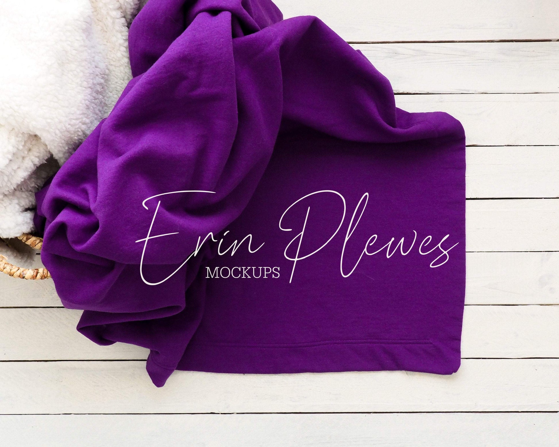 Erin Plewes Mockups Blanket Mockup Purple, Fleece blanket mock up in a basket for lifestyle stock photography, Gildan sweatshirt blanket mock-up template