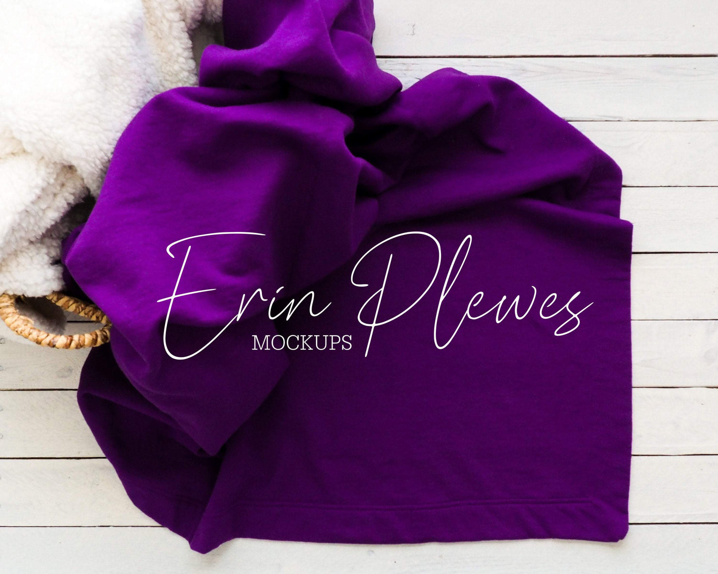 Erin Plewes Mockups Blanket Mockup, Purple fleece blanket mockup in a basket for lifestyle stock photography, Gildan stadium blanket mock up template