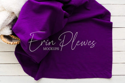 Erin Plewes Mockups Blanket Mockup, Purple fleece blanket mockup in a basket for lifestyle stock photography, Gildan stadium blanket mock up template