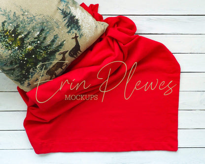Erin Plewes Mockups Blanket Mockup Red, Gildan blanket mockup with pillow, Christmas lifestyle stock photography, Red blanket mock up jpeg digital download