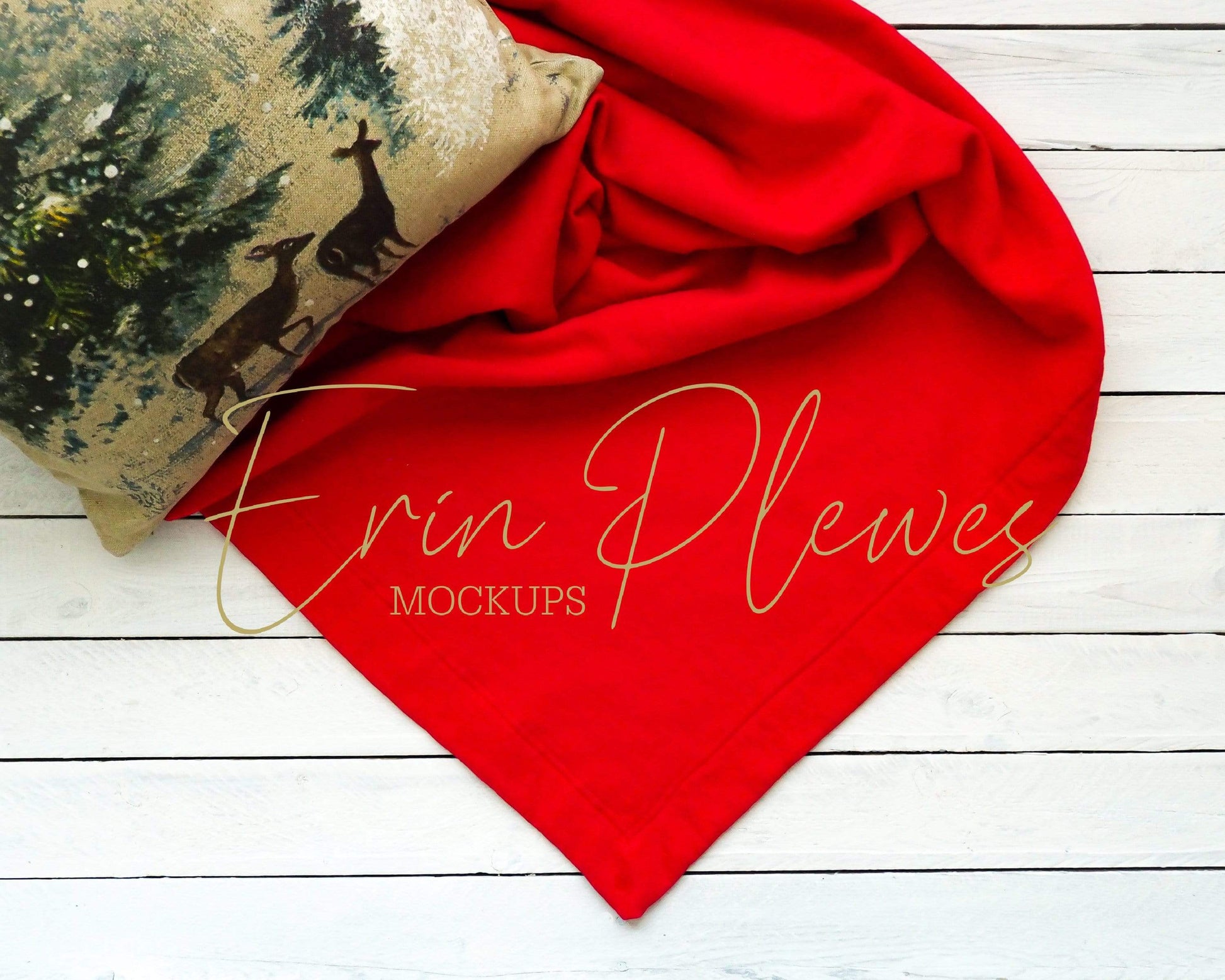 Erin Plewes Mockups Blanket Mockup, Red Gildan blanket mockup with winter pillow, Christmas stock photo, Red blanket mock up instant digital download