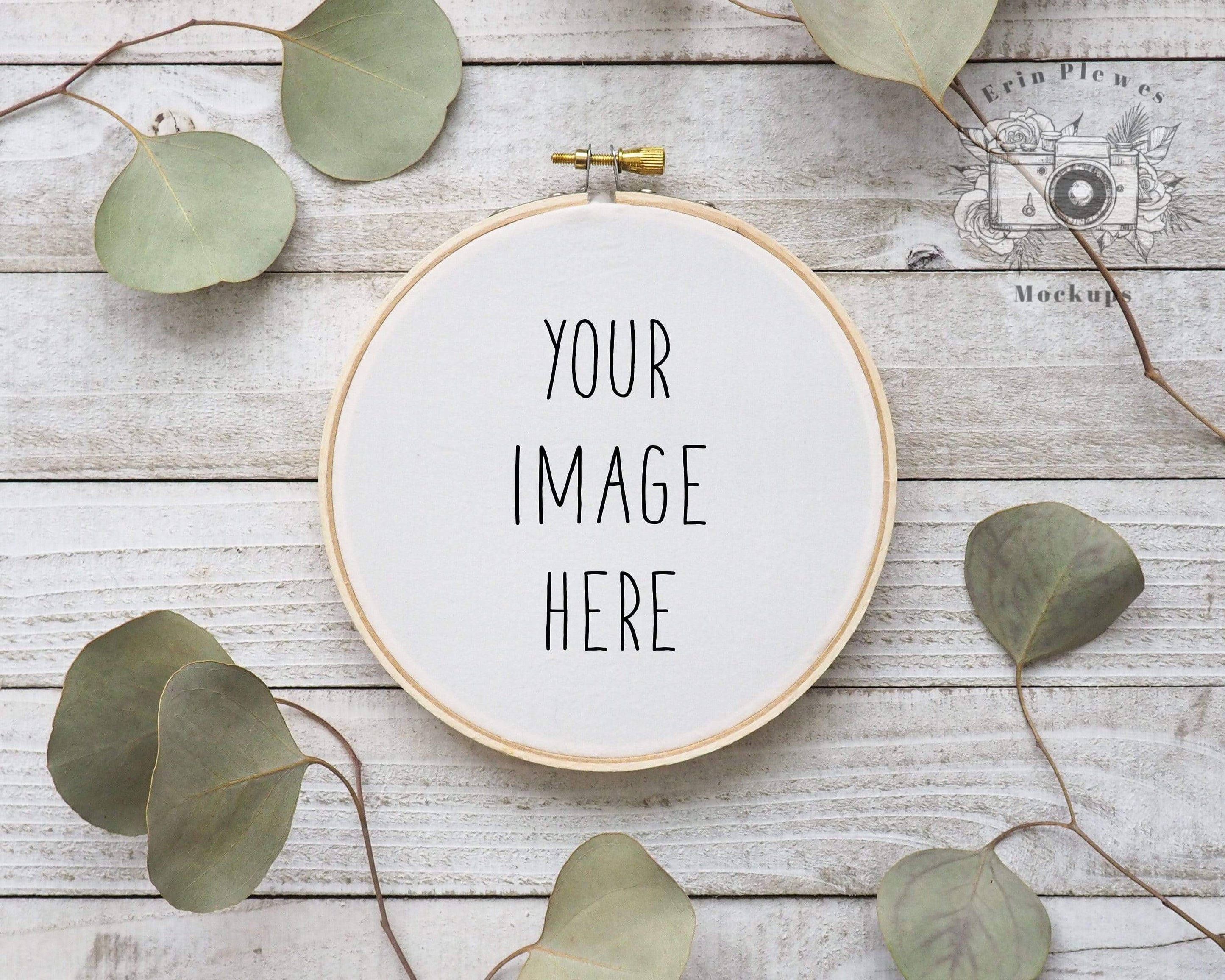 Cross Stitch Mockup, Embroidery hoop mockup with eucalyptus on rustic