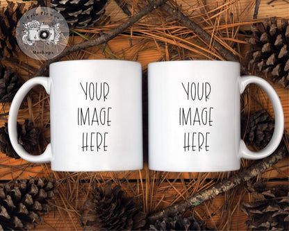 Erin Plewes Mockups Double Mug Mockup,  2 Mug Mockup for Fall Styled Stock Photo, Christmas Mug Flay Lay in Pine Cones, Digital Download Template