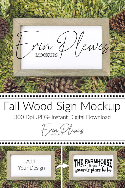 Erin Plewes Mockups Farmhouse Sign Mockup, Frame Mockup with Rustic Wood in Nature, Fall Sign Mock-up, Autumn Wood Sign Flat Lay