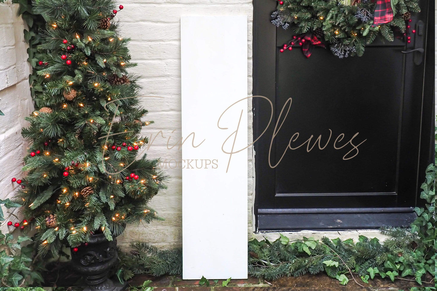 Erin Plewes Mockups Farmhouse Sign Mockup, White Vertical Sign Mock-up Christmas Theme, Outdoor Sign Mock Up 12'x48",  Rustic Wood Frame Mock Ups