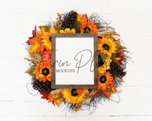 Erin Plewes Mockups Farmhouse Wood Sign Mockup, 8x10 Fall Sign Mock Up, Autumn Sign Flat Lay with Pumpkins and Sunflowers, Rustic Wood Frame Mock-up Vertical