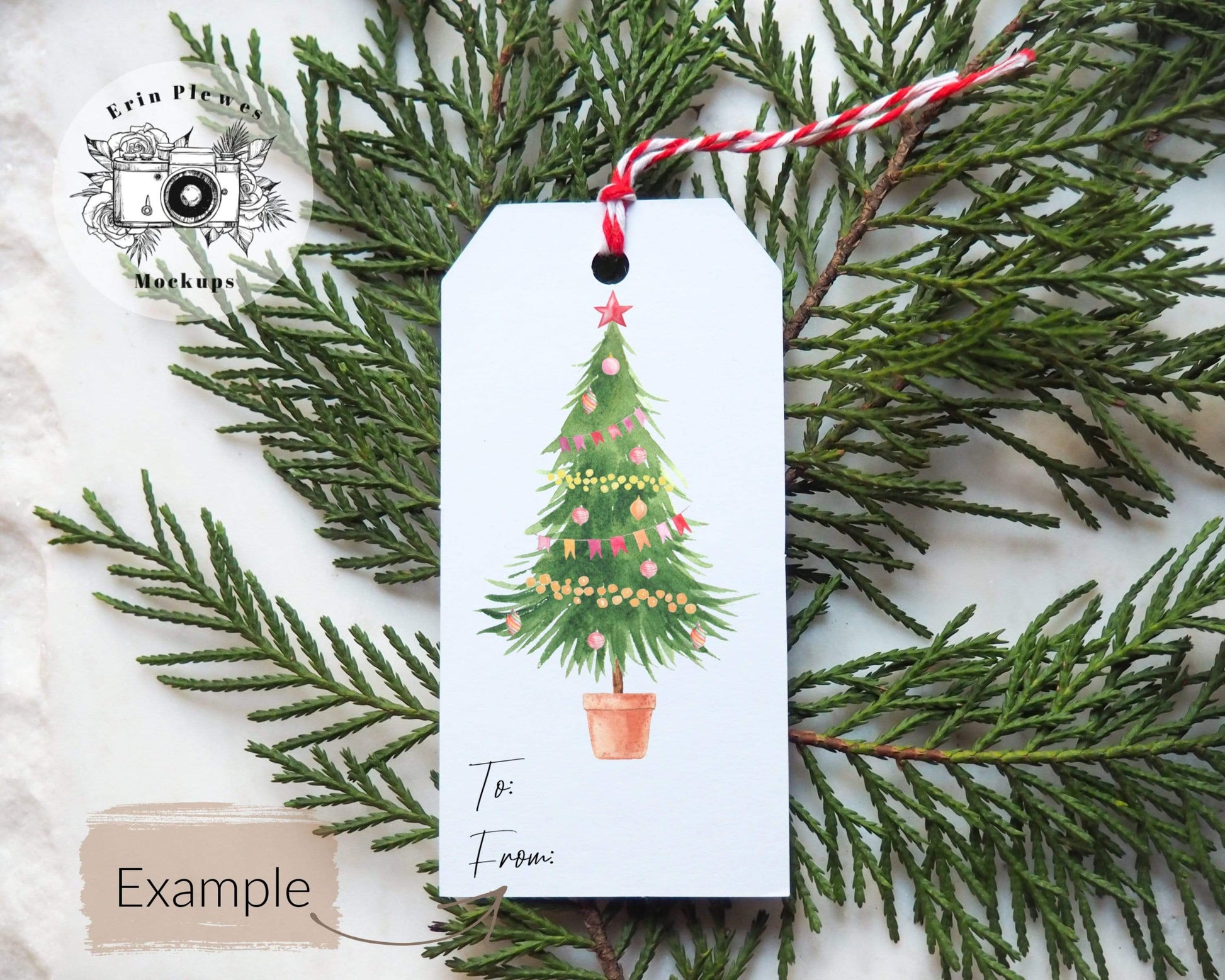 Erin Plewes Mockups Gift Tag Mockup, Christmas label mock-up with tree branch for lifestyle stock photo, JPG Instant Digital Download Template