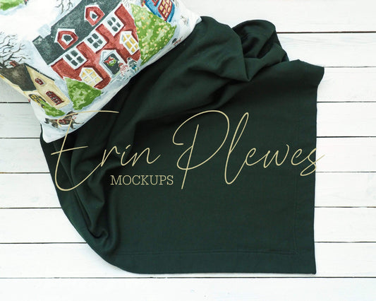 Erin Plewes Mockups Green Blanket Mockup, Christmas Blanket Mock Up, Gildan Stadium Blanket Mock-up, Styled Stock Photo Instant Download