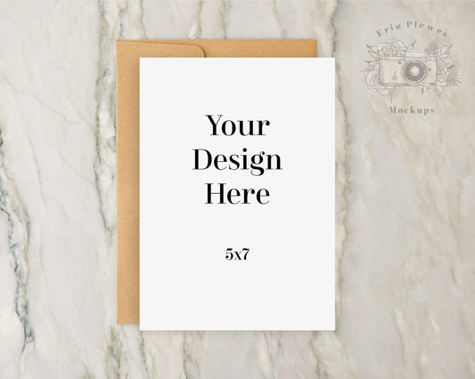 Erin Plewes Mockups Greeting card mockup with kraft envelope 5x7, Thank you card mock-up for rustic wedding on marble, Jpeg Instant Digital Download Template