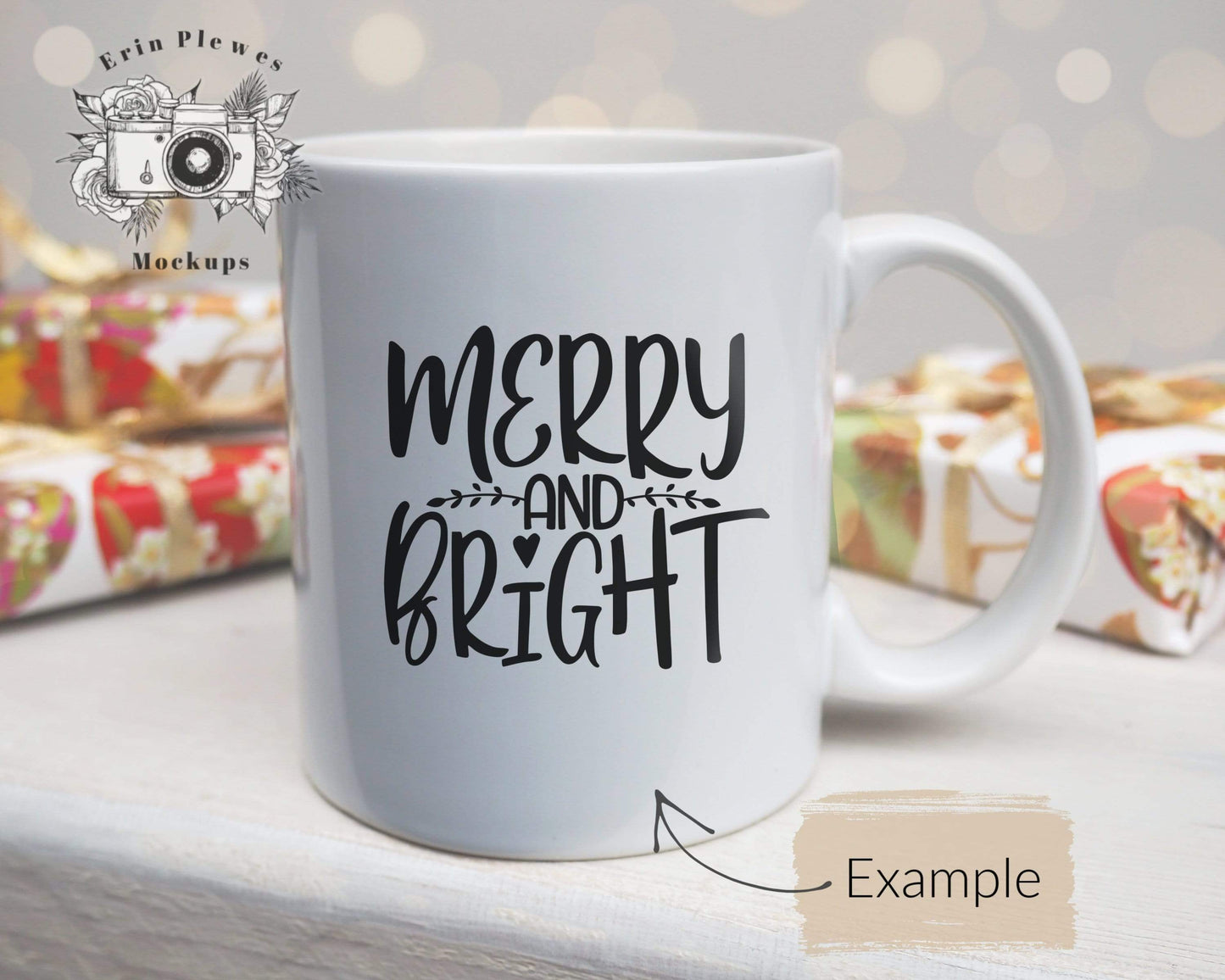 Erin Plewes Mockups Mug mockup, Coffee mug mockup with Christmas presents for styled stock photo, Bokeh mock up, Instant Digital Download Template