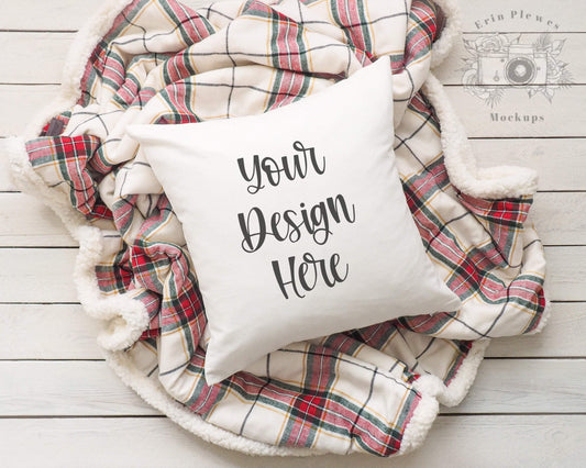 Erin Plewes Mockups Pillow Mockup, Pillow case mockup with red plaid blanket for Christmas styled stock photography, Throw pillow mock up digital download