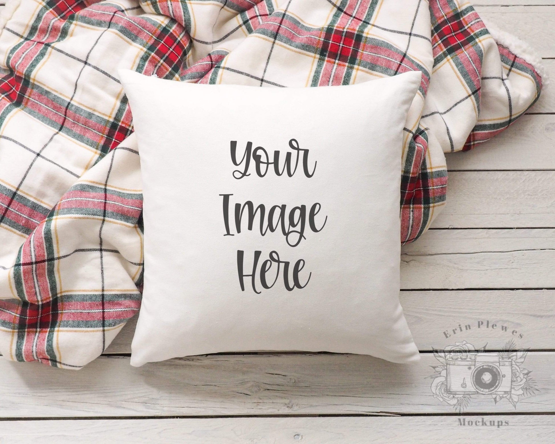 Erin Plewes Mockups Pillow Mockup, Square pillow mockup on white rustic wood background, White pillow case mock up jpeg digital download