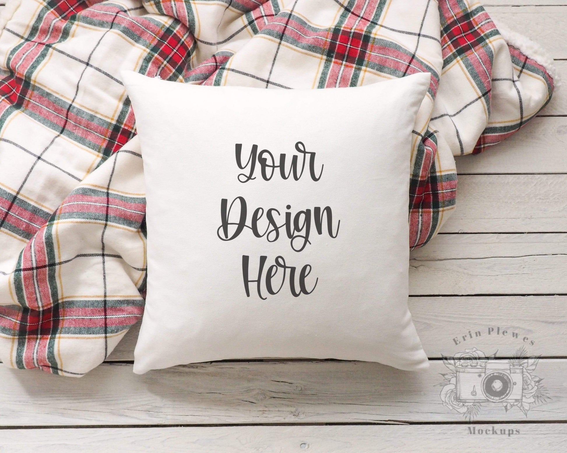 Erin Plewes Mockups Pillow Mockup, Square pillow mockup on white rustic wood background, White pillow case mock up jpeg digital download