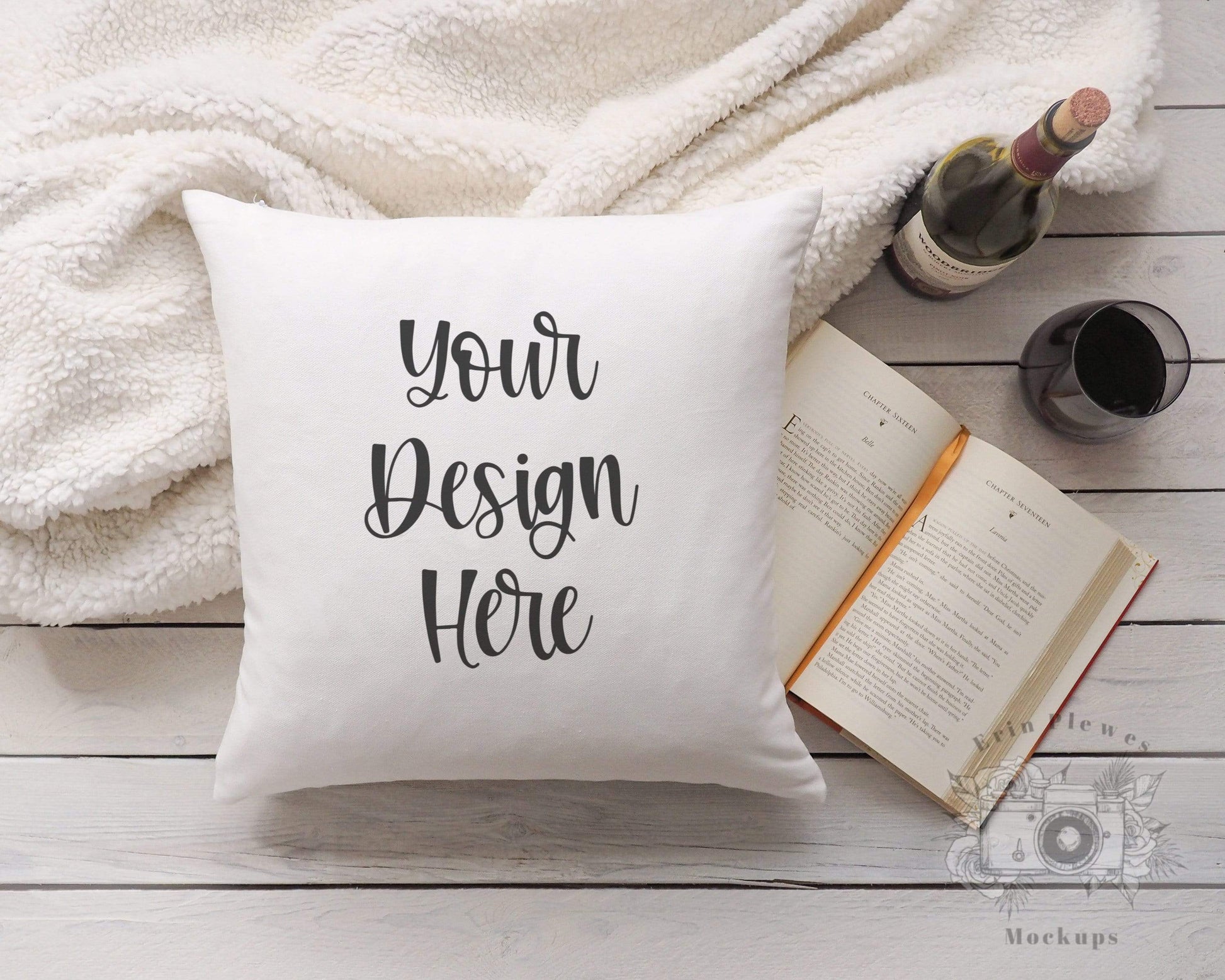 Erin Plewes Mockups Pillow Mockup, Square pillow mockup with blanket wine and book for lifestyle stock photography, White pillow mock up jpeg digital download