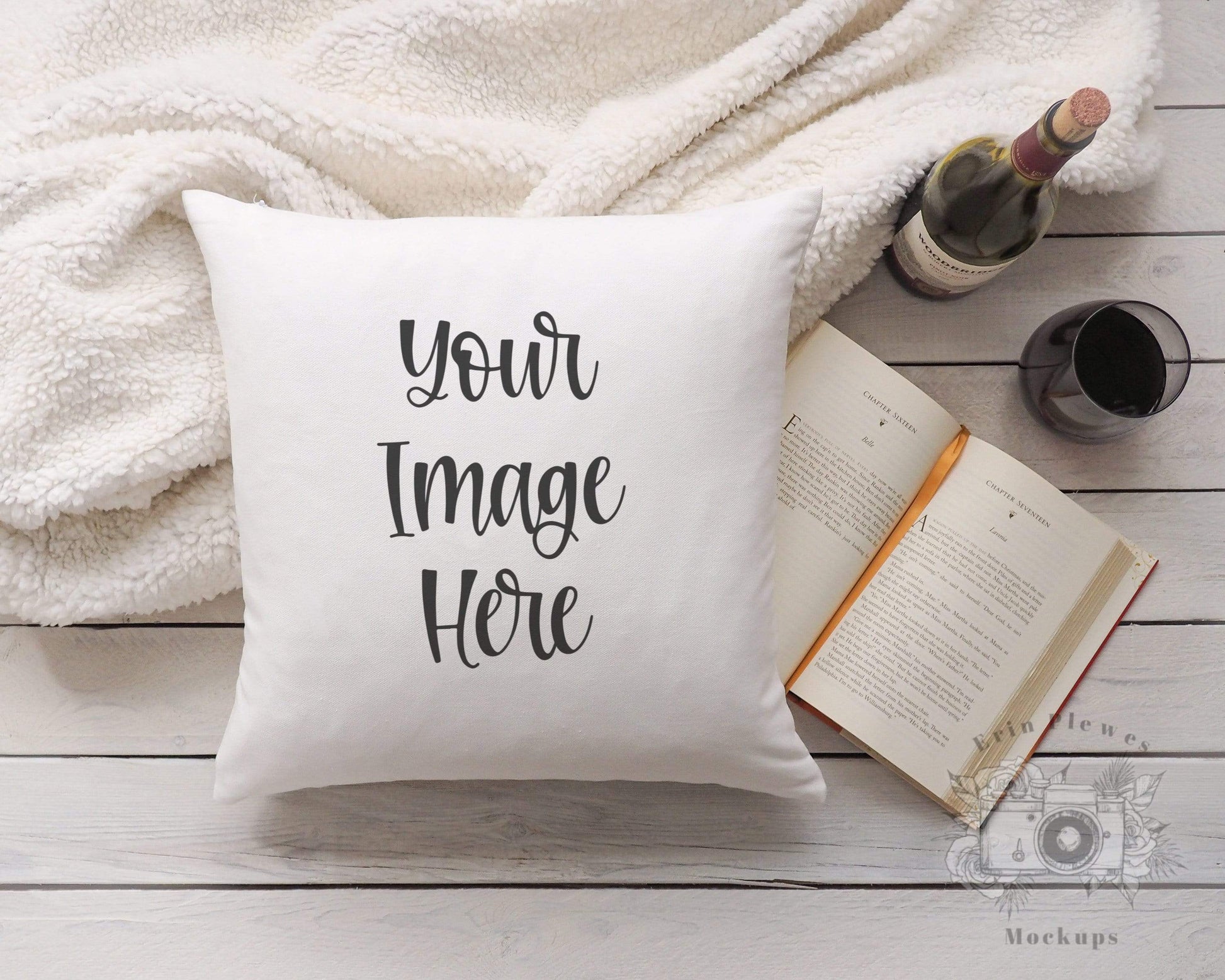 Erin Plewes Mockups Pillow Mockup, Square pillow mockup with blanket wine and book for lifestyle stock photography, White pillow mock up jpeg digital download