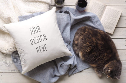 Erin Plewes Mockups Pillow Mockup, Square pillow mockup with cat wine and book for lifestyle stock photography, White pillow mock up jpeg digital download