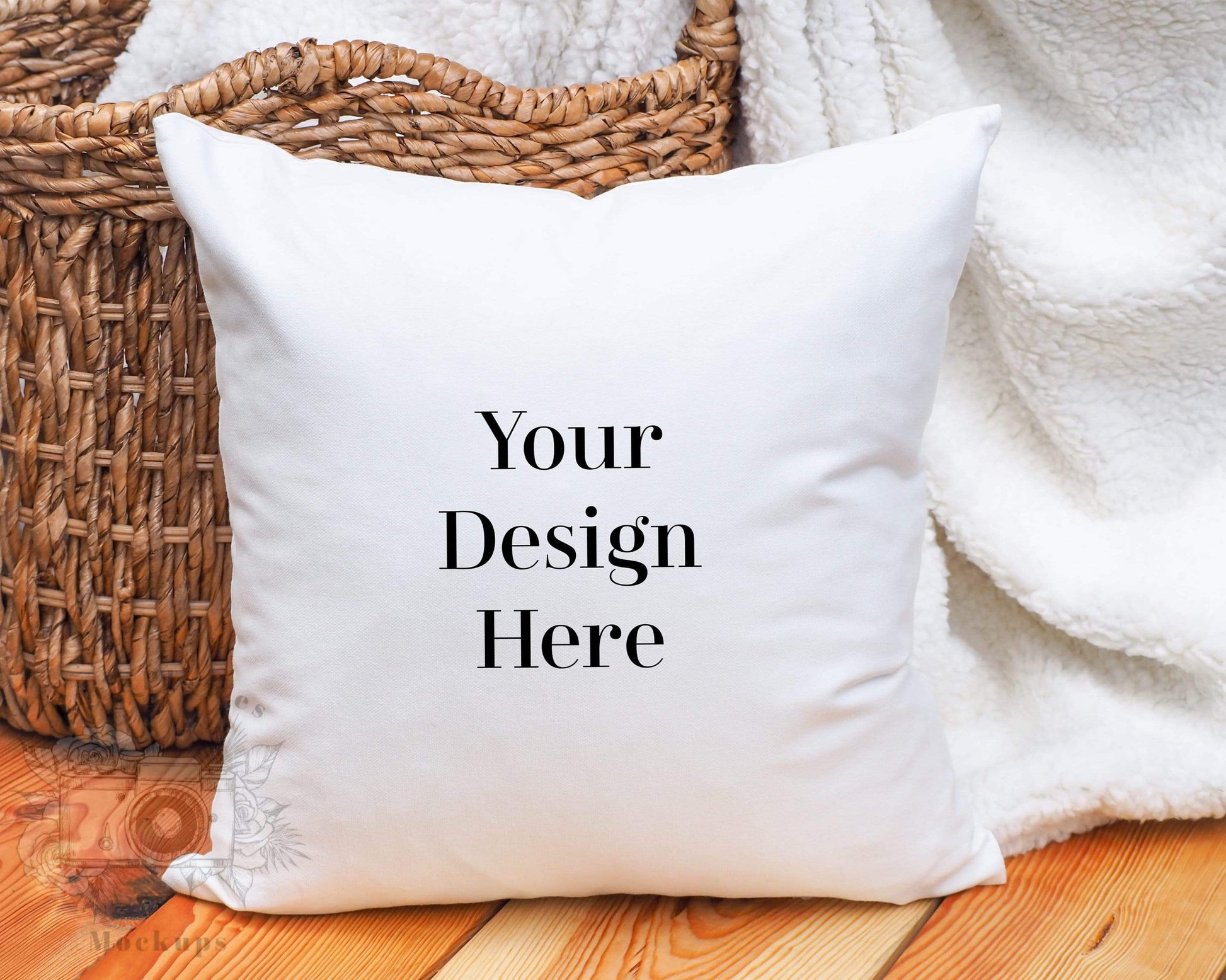 Erin Plewes Mockups Pillow Mockup, Square pillow mockup with rustic wood background for lifestyle stock photography, White pillow mock up jpeg digital download